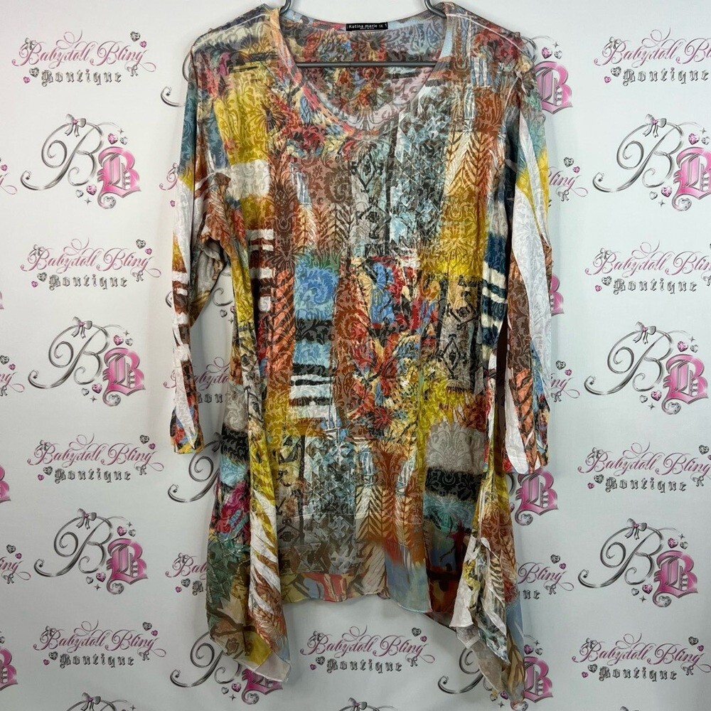 Katina Marie long sleeve asymmetrical hem fairy Multicolor Patchwork Women's Top